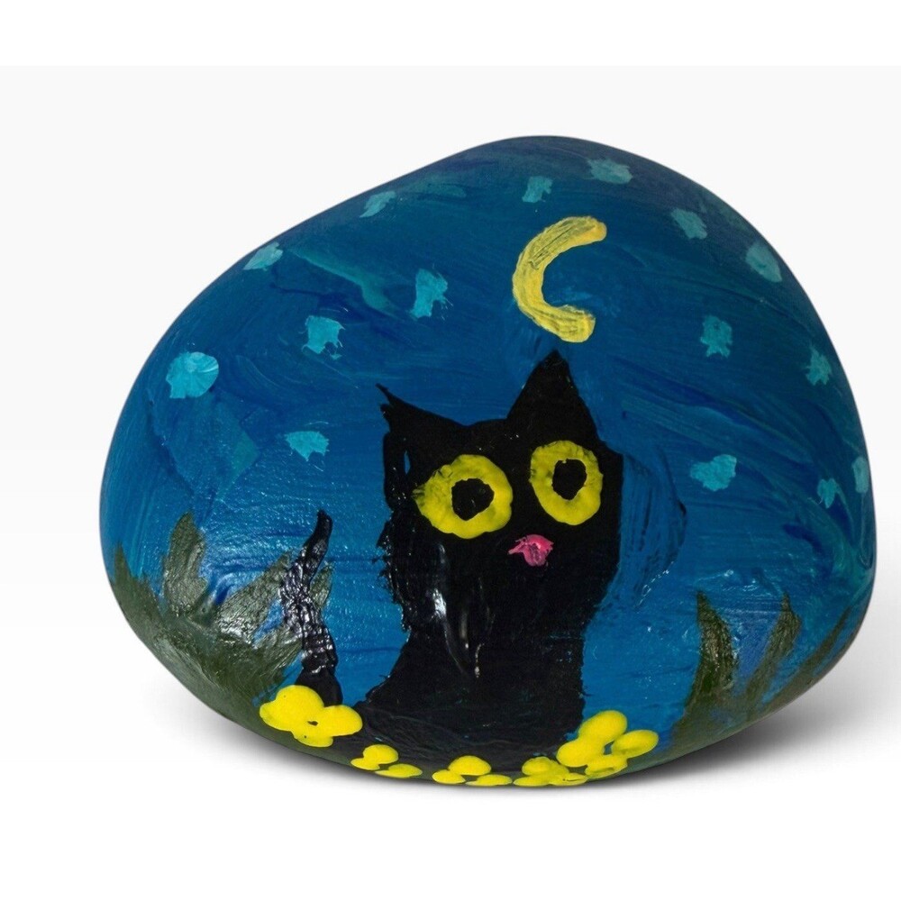 Hand-painted rock with black cat and moon, night scene 1.5x2in